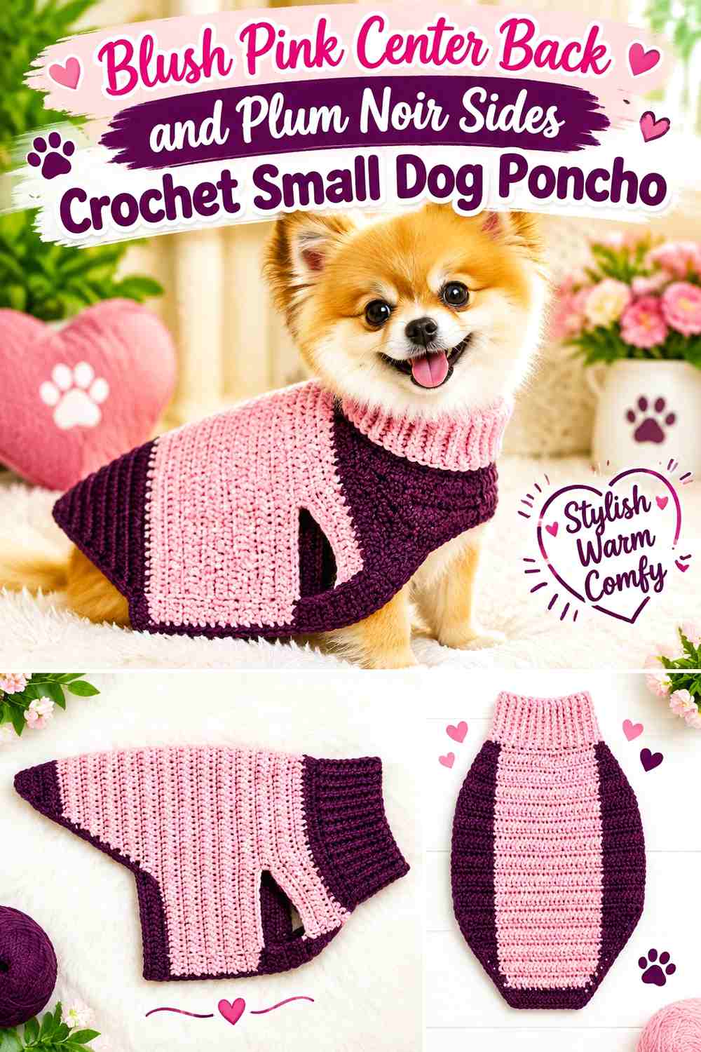 Blush Pink Center Back and Plum Noir Sides Crochet Small Dog Poncho
