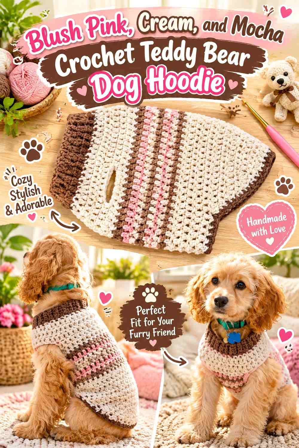 Blush Pink, Cream, and Mocha Crochet Teddy Bear Dog Hoodie