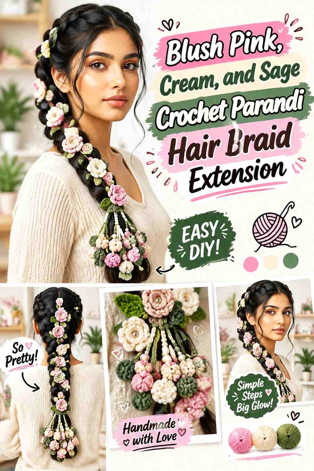 Blush Pink, Cream, and Sage Crochet Parandi Hair Braid Extension