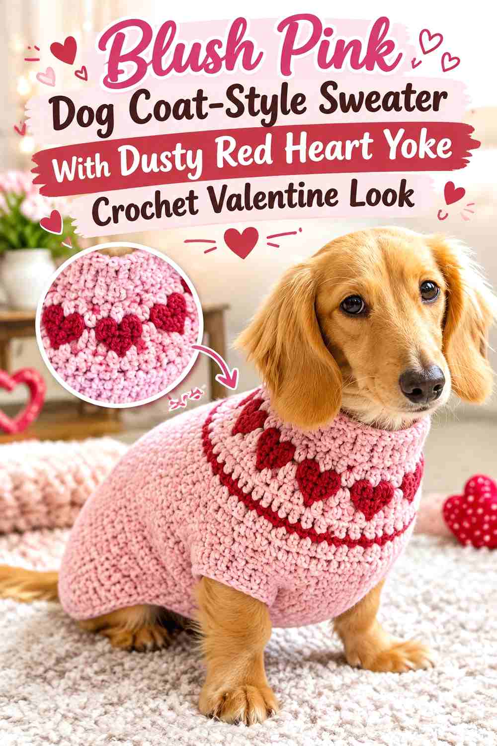Blush Pink Dog Coat-Style Sweater With Dusty Red Heart Yoke Crochet Valentine Look
