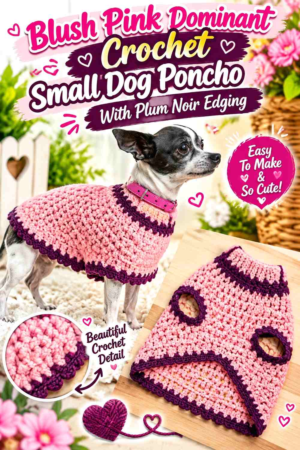 Blush Pink Dominant Crochet Small Dog Poncho With Plum Noir Edging