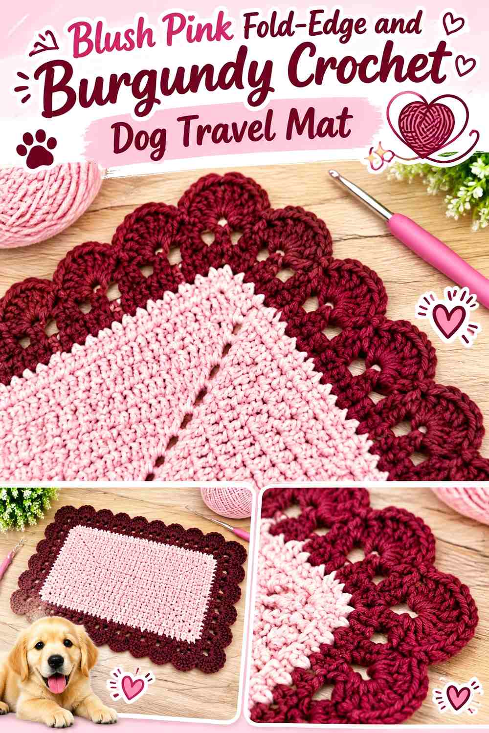 Blush Pink Fold-Edge and Burgundy Crochet Dog Travel Mat