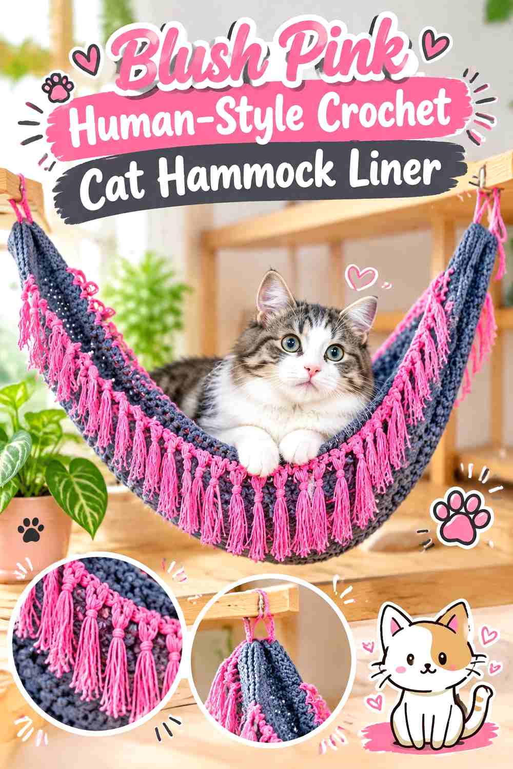 Blush Pink Human-Style Crochet Cat Hammock Liner