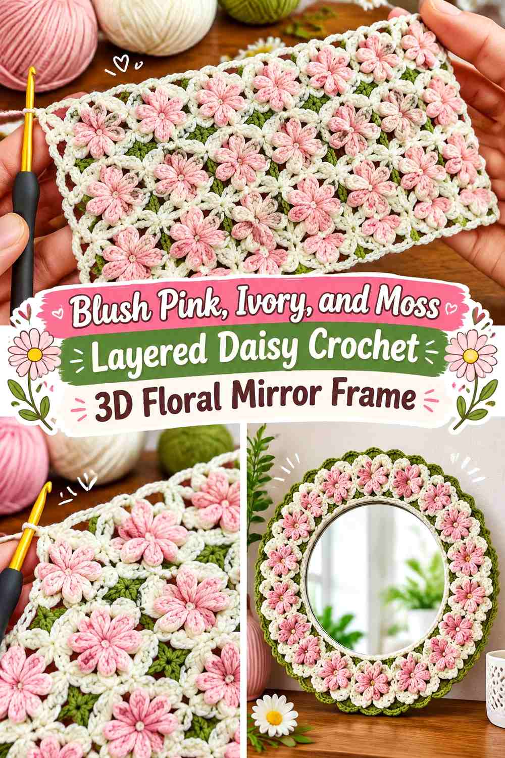 Blush Pink, Ivory, and Moss Layered Daisy Crochet 3D Floral Mirror Frame