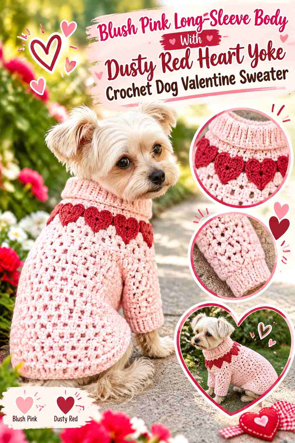 Blush Pink Long-Sleeve Body With Dusty Red Heart Yoke Crochet Dog Valentine Sweater