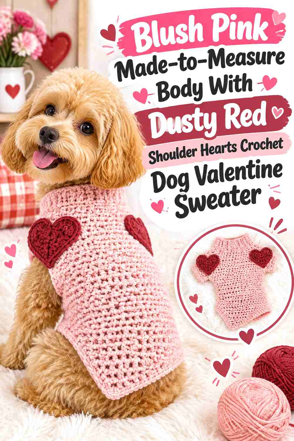 Blush Pink Made-to-Measure Body With Dusty Red Shoulder Hearts Crochet Dog Valentine Sweater