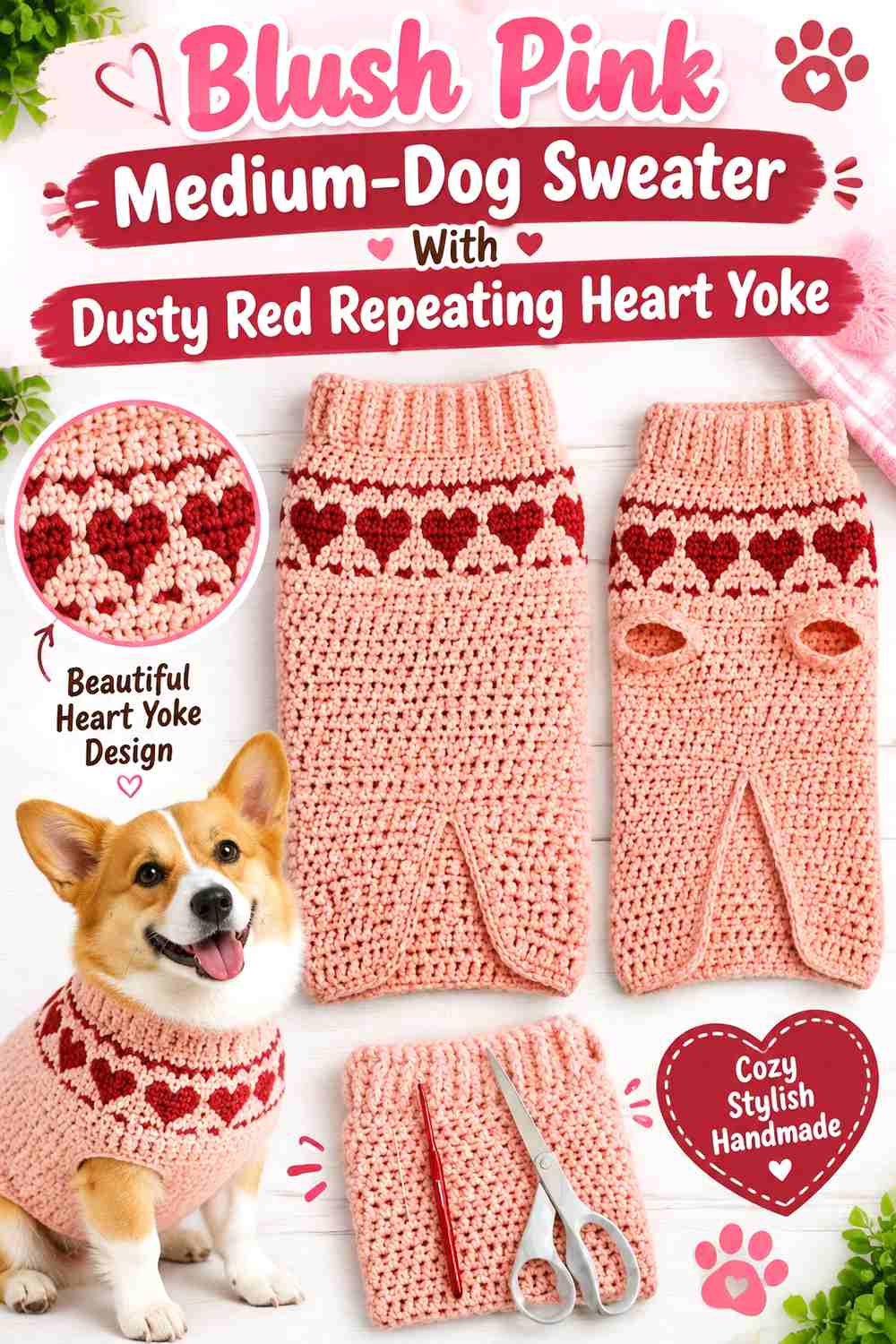 Blush Pink Medium-Dog Sweater With Dusty Red Repeating Heart Yoke