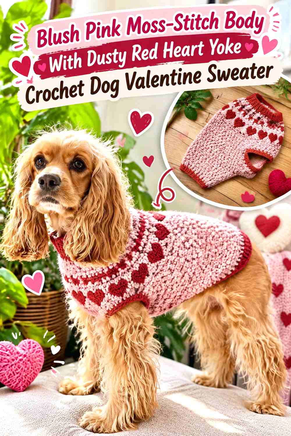 Blush Pink Moss-Stitch Body With Dusty Red Heart Yoke Crochet Dog Valentine Sweater