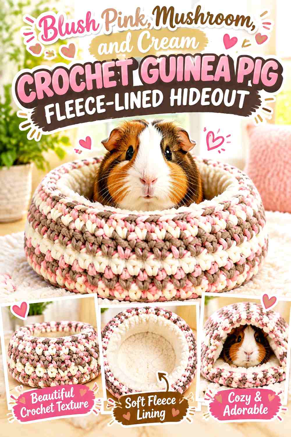 Blush Pink, Mushroom, and Cream Crochet Guinea Pig Fleece-Lined Hideout