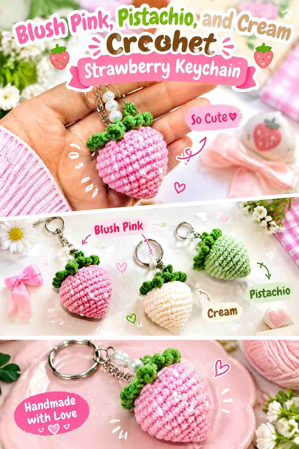 Blush Pink, Pistachio, and Cream Crochet Strawberry Keychain