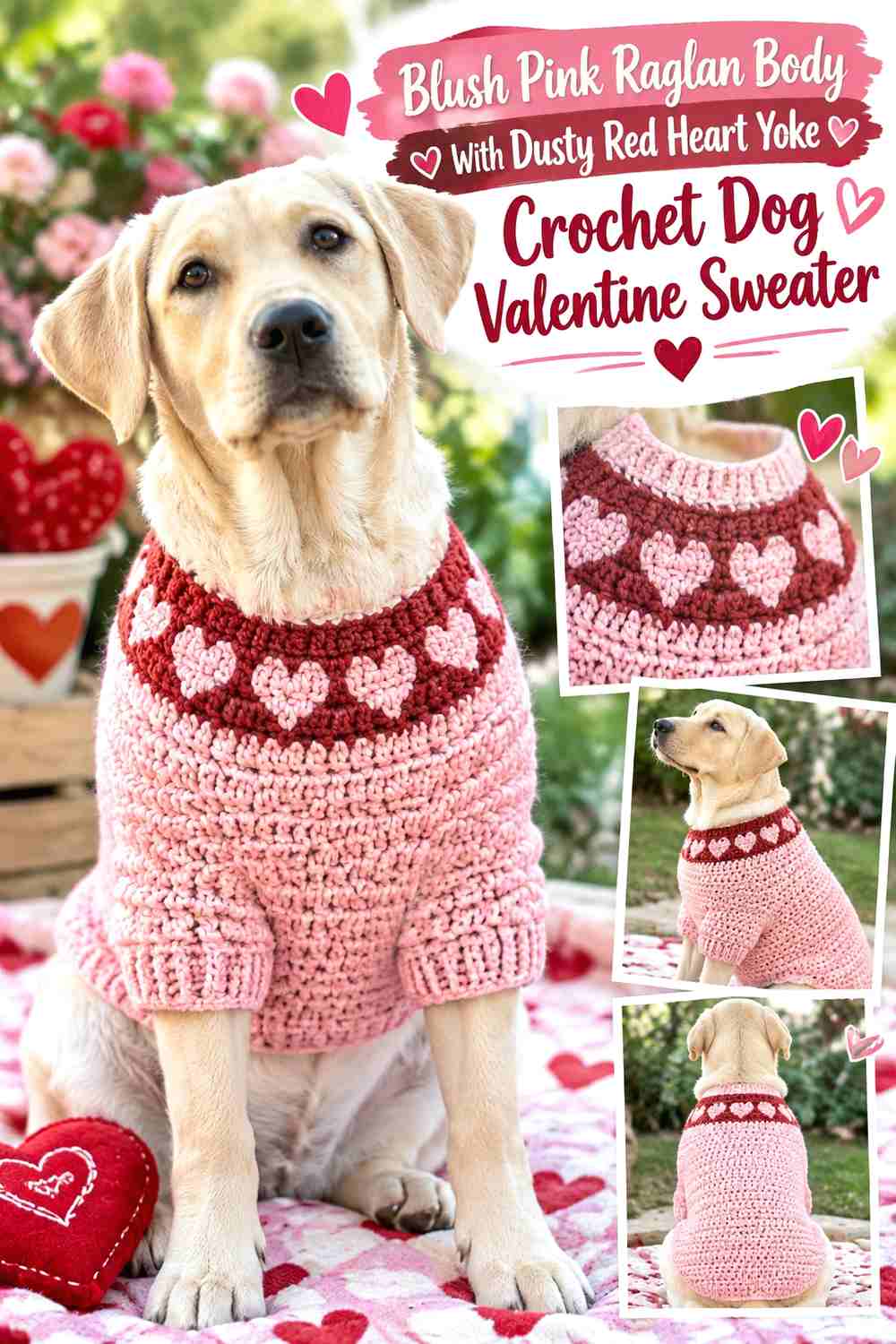 Blush Pink Raglan Body With Dusty Red Heart Yoke Crochet Dog Valentine Sweater