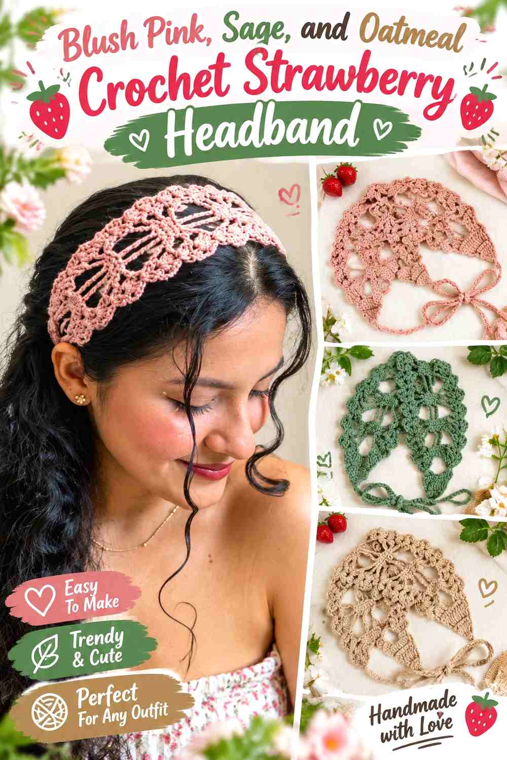Blush Pink, Sage, and Oatmeal Crochet Strawberry Headband
