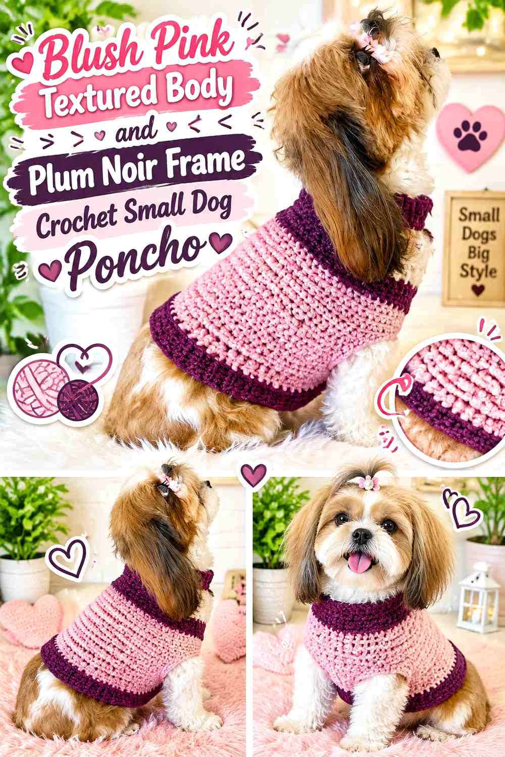 Blush Pink Textured Body and Plum Noir Frame Crochet Small Dog Poncho