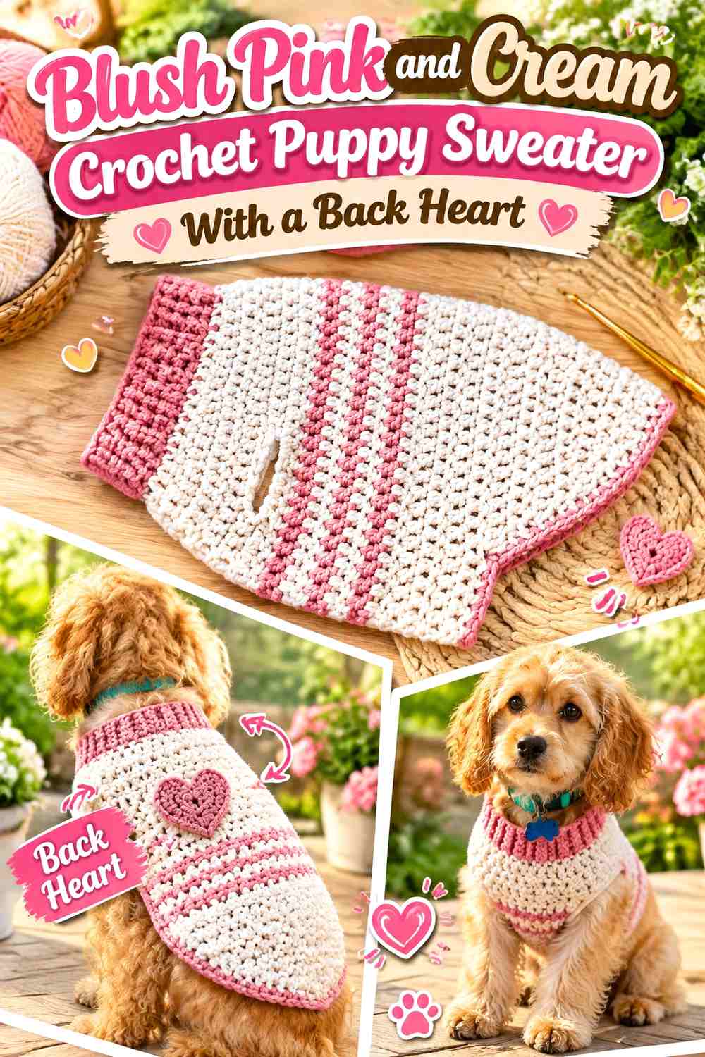 Blush Pink and Cream Crochet Puppy Sweater With a Back Heart