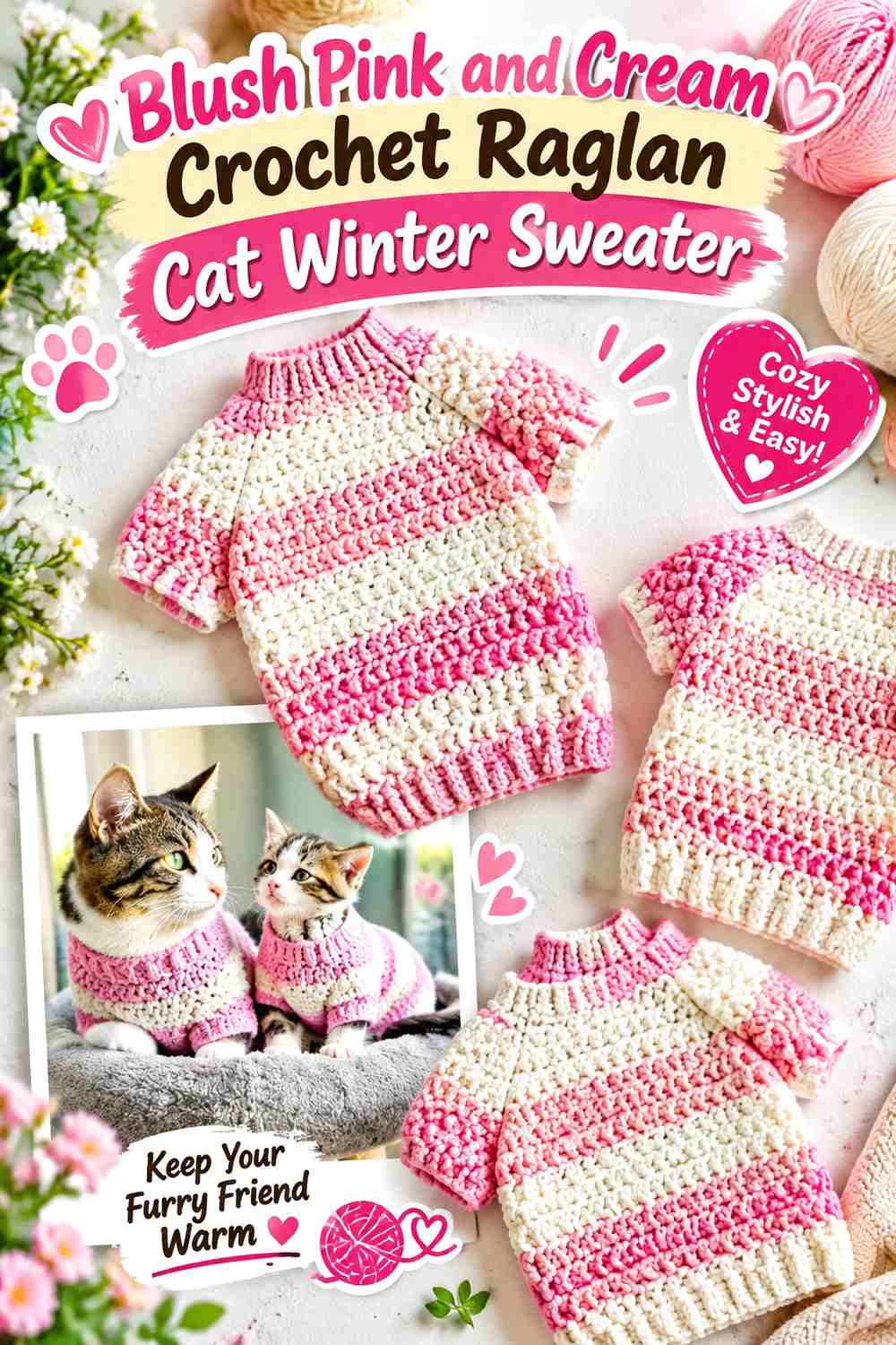 Blush Pink and Cream Crochet Raglan Cat Winter Sweater