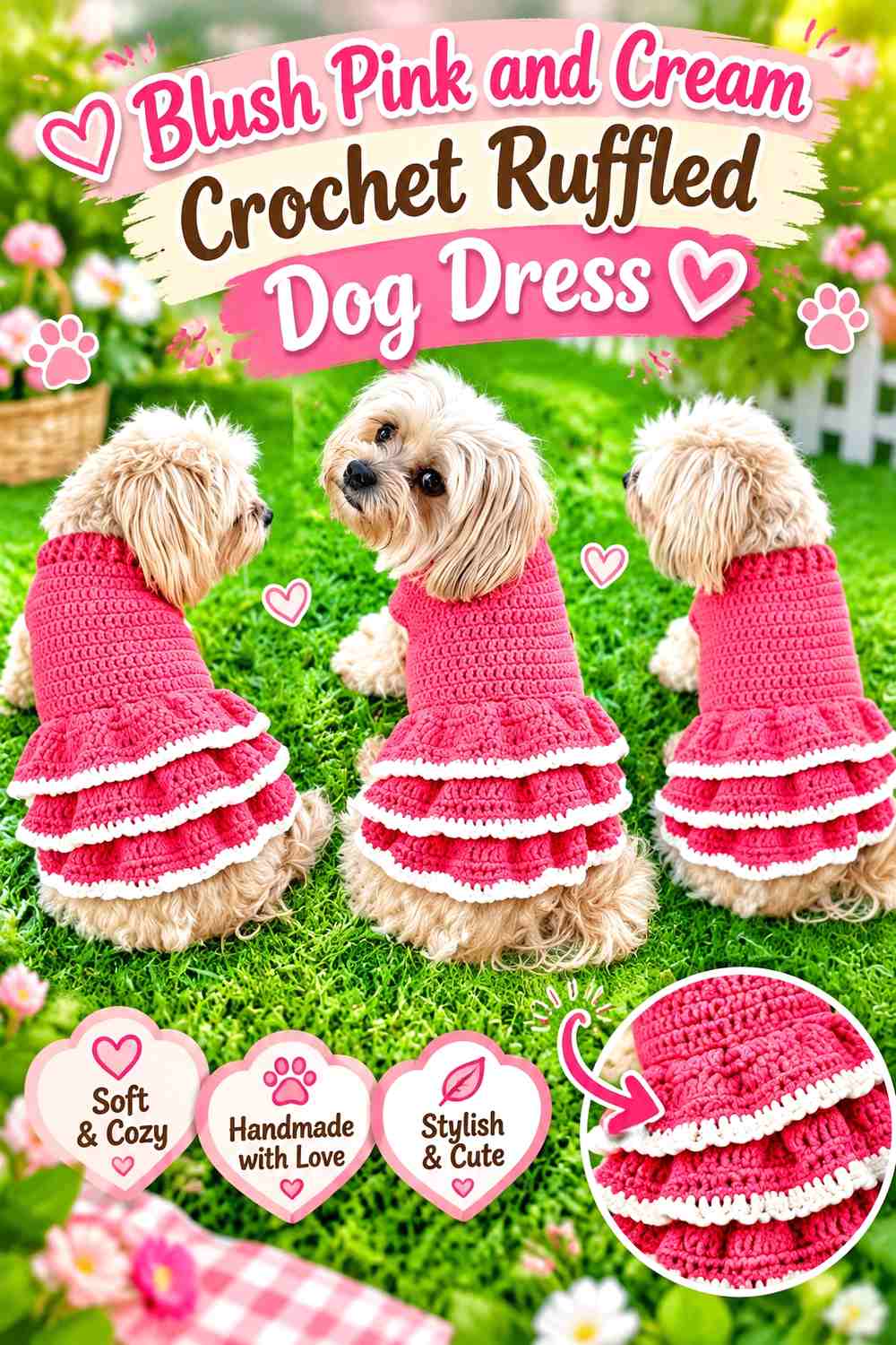 Blush Pink and Cream Crochet Ruffled Dog Dress