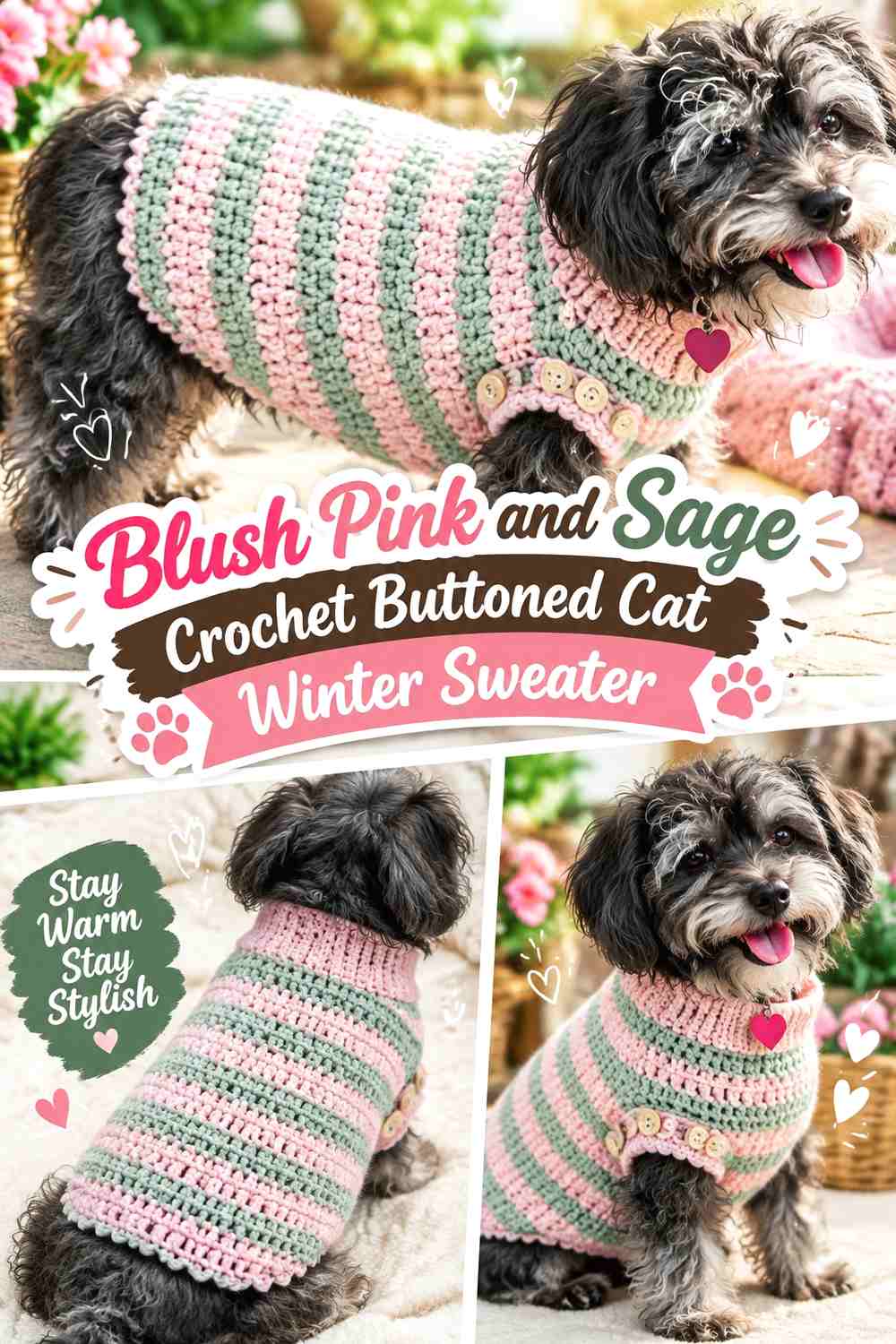 Blush Pink and Sage Crochet Buttoned Cat Winter Sweater