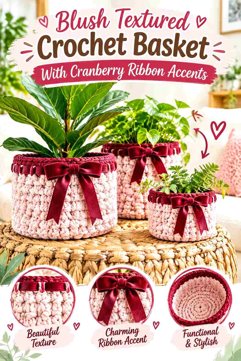 9. Blush Textured Crochet Basket With Cranberry Ribbon Accents