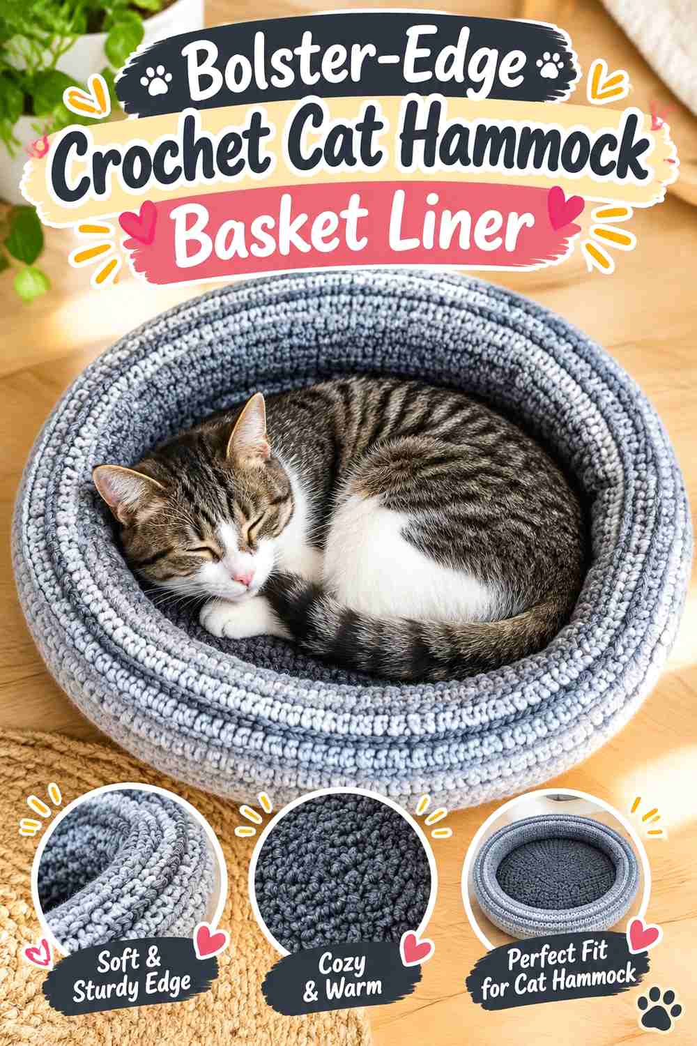 Bolster-Edge Crochet Cat Hammock Basket Liner