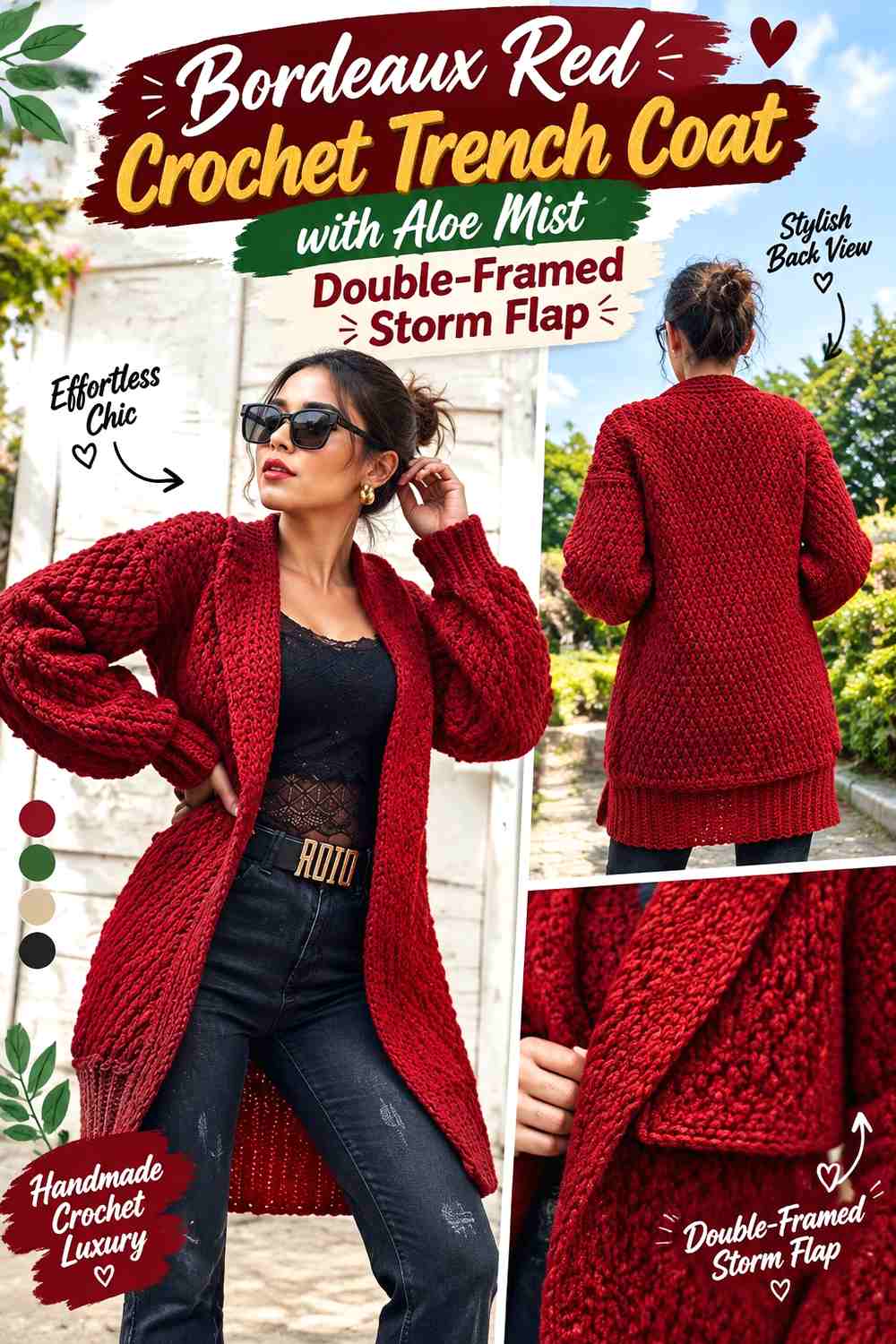 Bordeaux Red Crochet Trench Coat with Aloe Mist Double-Framed Storm Flap