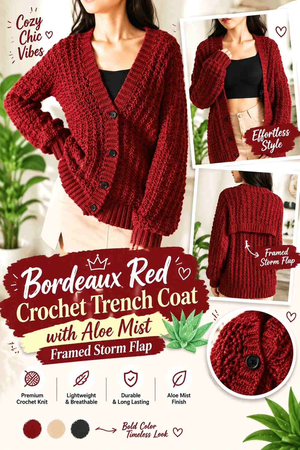 Bordeaux Red Crochet Trench Coat with Aloe Mist Framed Storm Flap