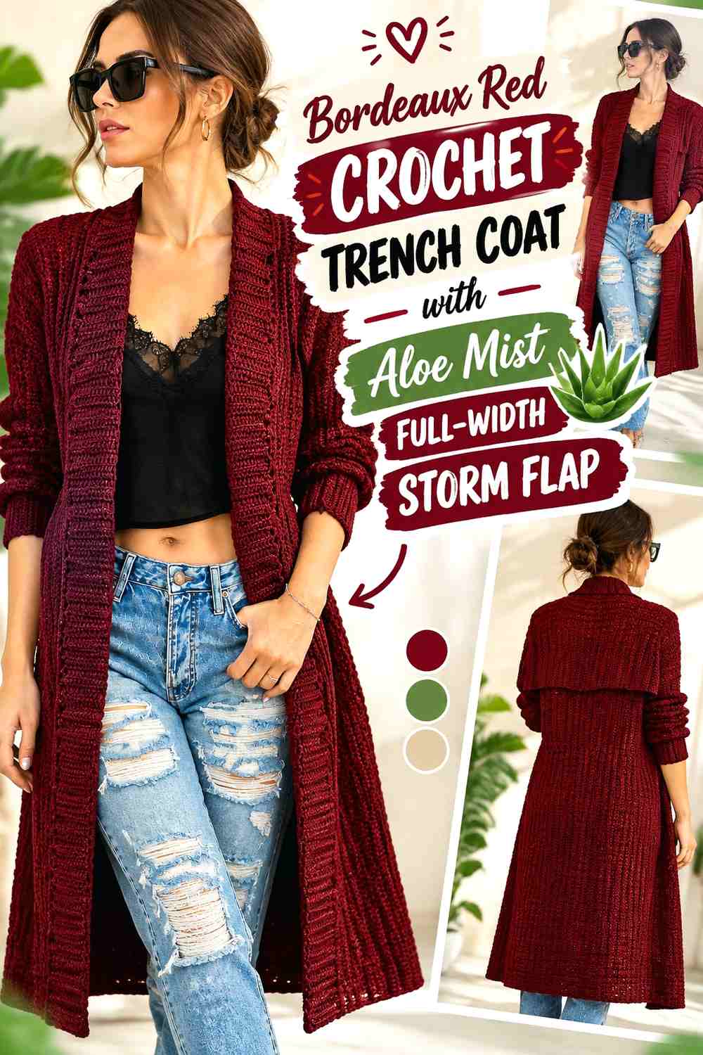 Bordeaux Red Crochet Trench Coat with Aloe Mist Full-Width Storm Flap