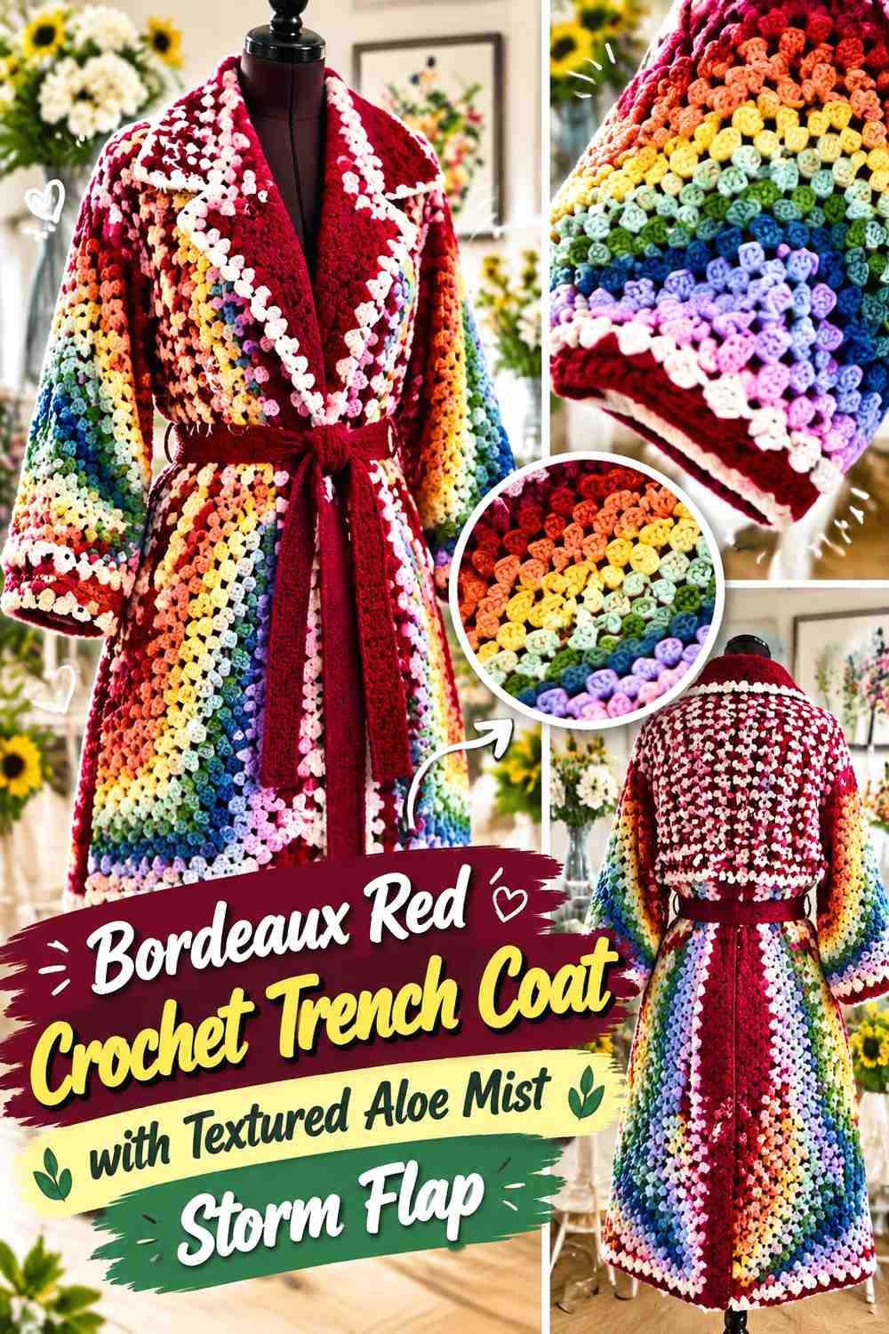 Bordeaux Red Crochet Trench Coat with Textured Aloe Mist Storm Flap