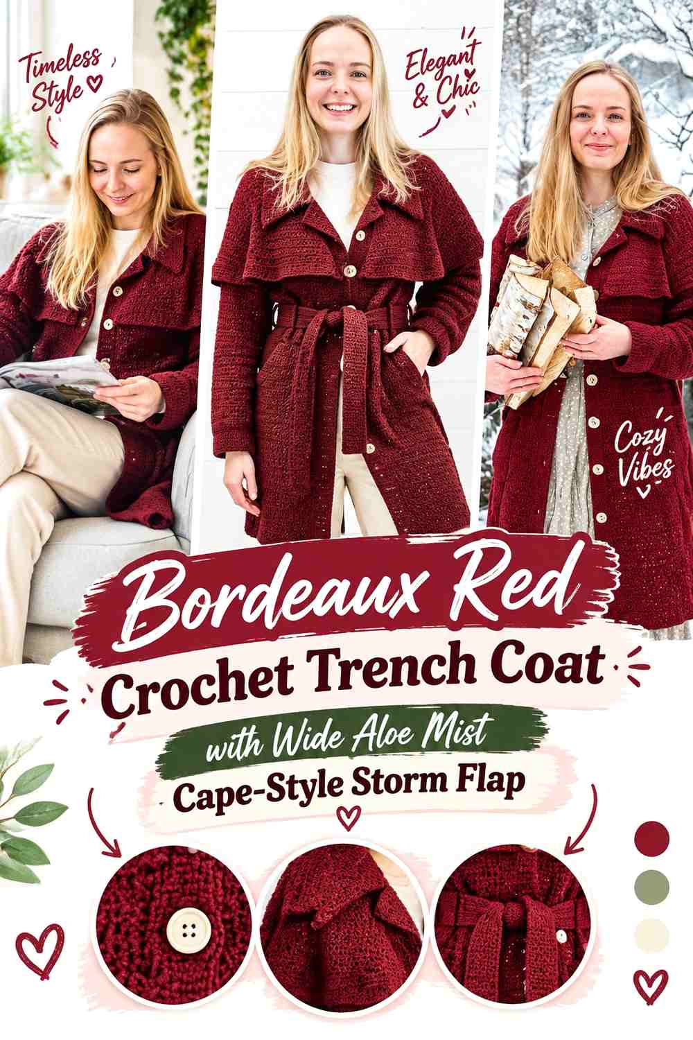 Bordeaux Red Crochet Trench Coat with Wide Aloe Mist Cape-Style Storm Flap