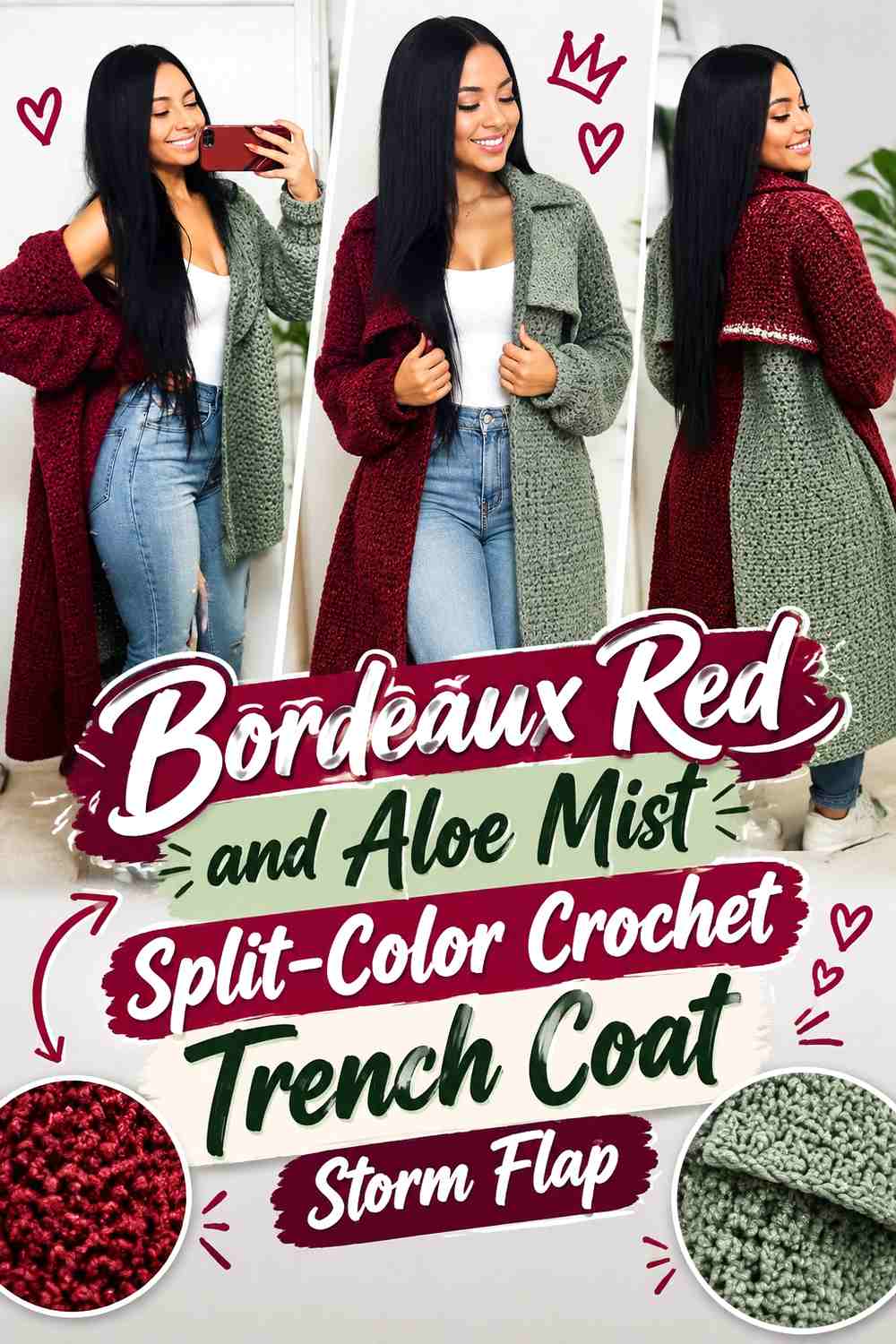 Bordeaux Red and Aloe Mist Split-Color Crochet Trench Coat Storm Flap