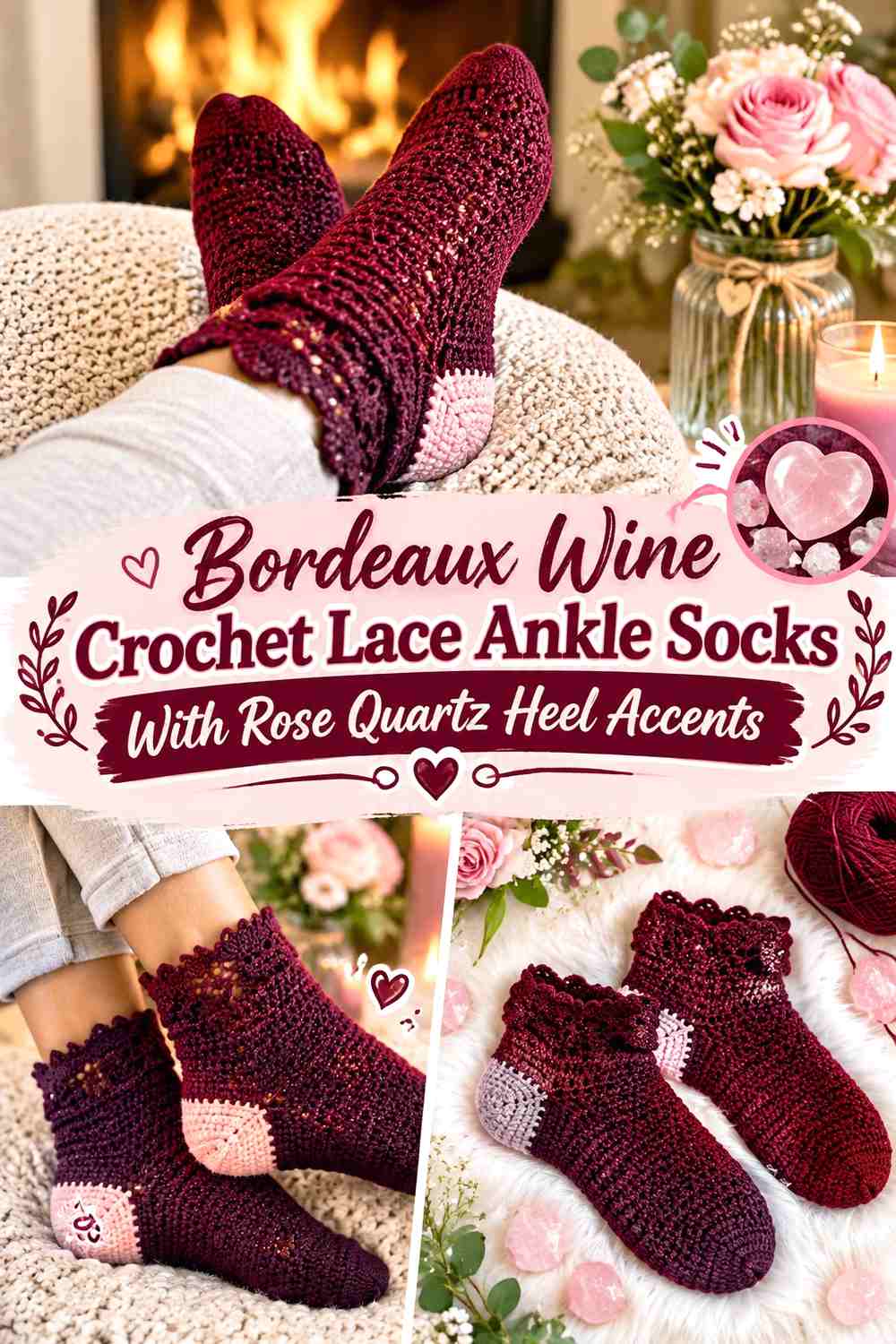 Bordeaux Wine Crochet Lace Ankle Socks With Rose Quartz Heel Accents