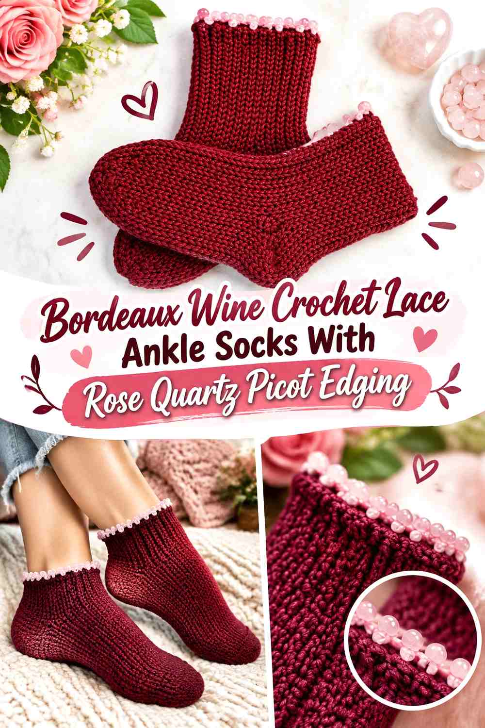Bordeaux Wine Crochet Lace Ankle Socks With Rose Quartz Picot Edging