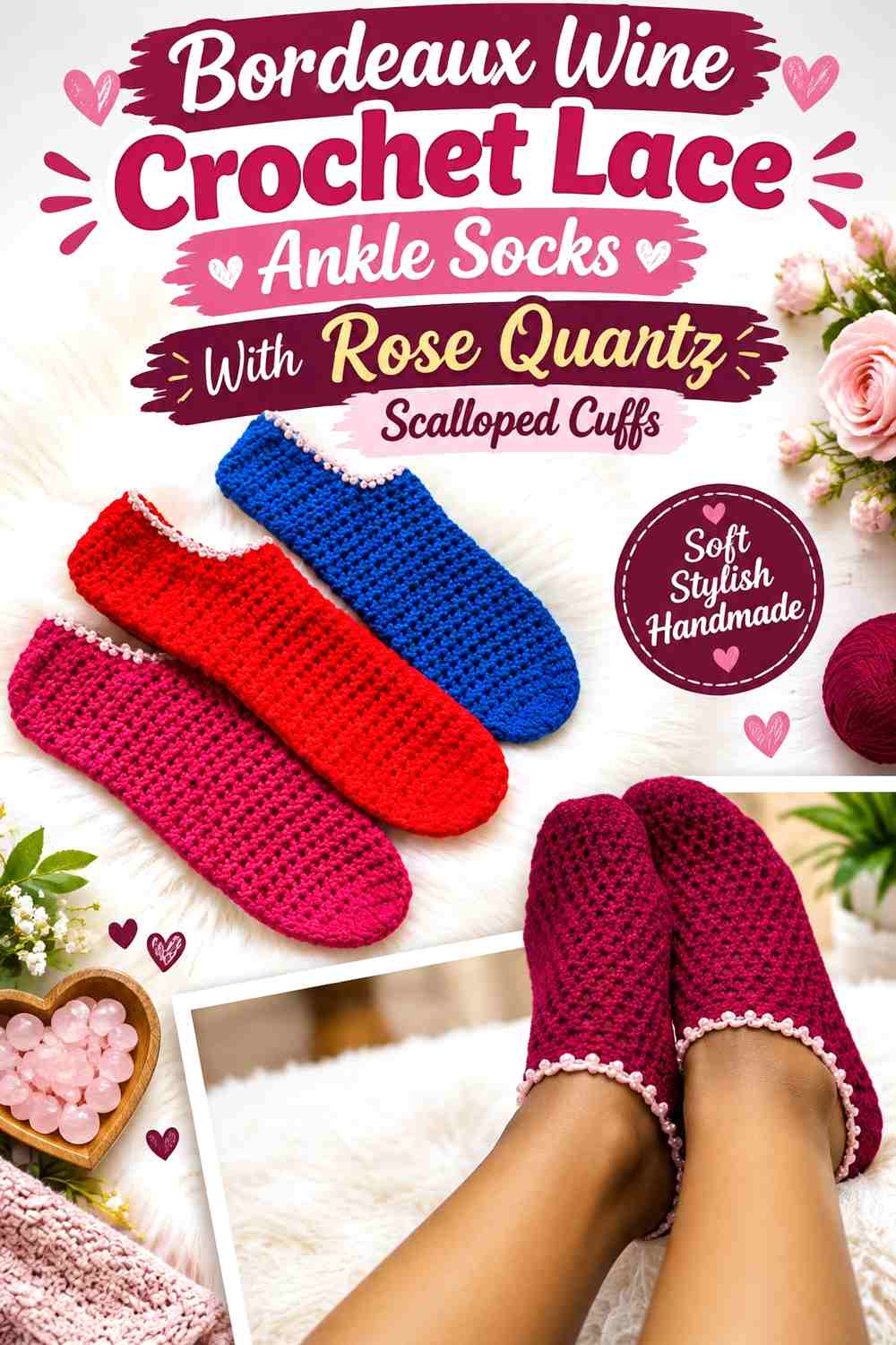 Bordeaux Wine Crochet Lace Ankle Socks With Rose Quartz Scalloped Cuffs