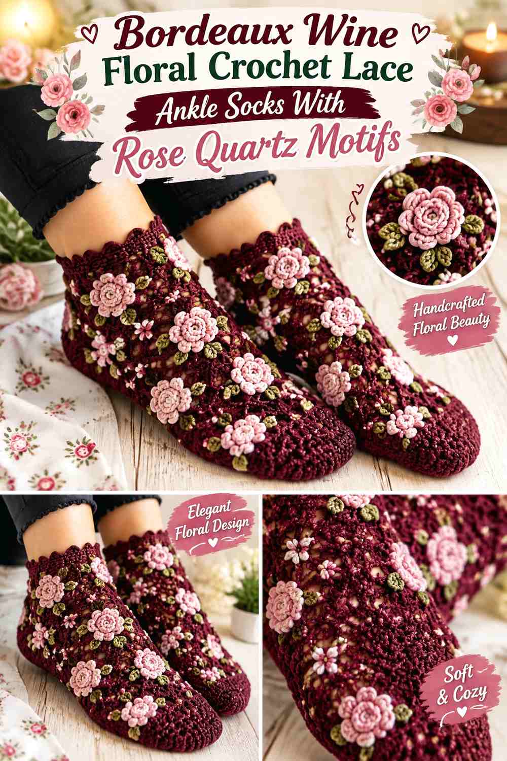 Bordeaux Wine Floral Crochet Lace Ankle Socks With Rose Quartz Motifs