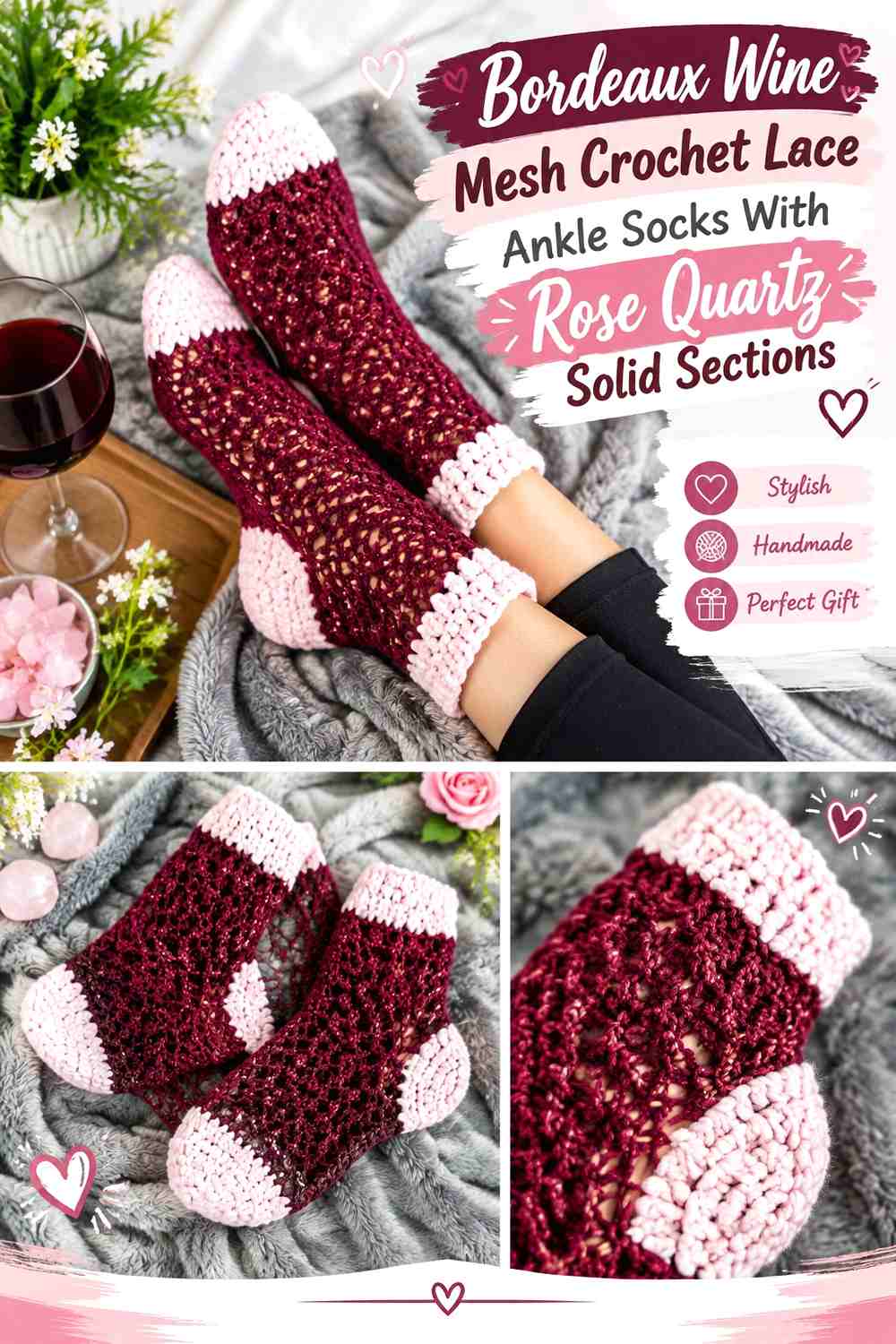 Bordeaux Wine Mesh Crochet Lace Ankle Socks With Rose Quartz Solid Sections
