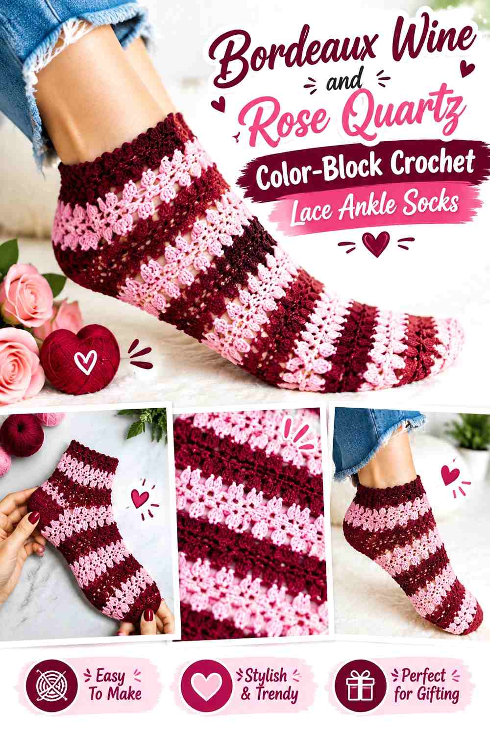 Bordeaux Wine and Rose Quartz Color-Block Crochet Lace Ankle Socks