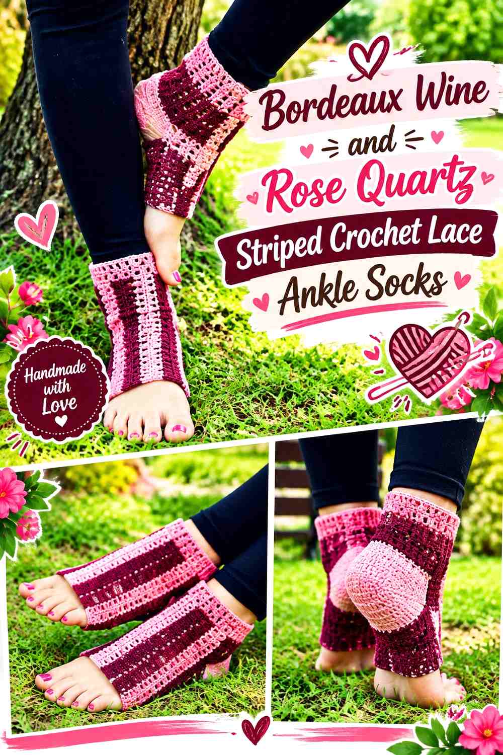 Bordeaux Wine and Rose Quartz Striped Crochet Lace Ankle Socks