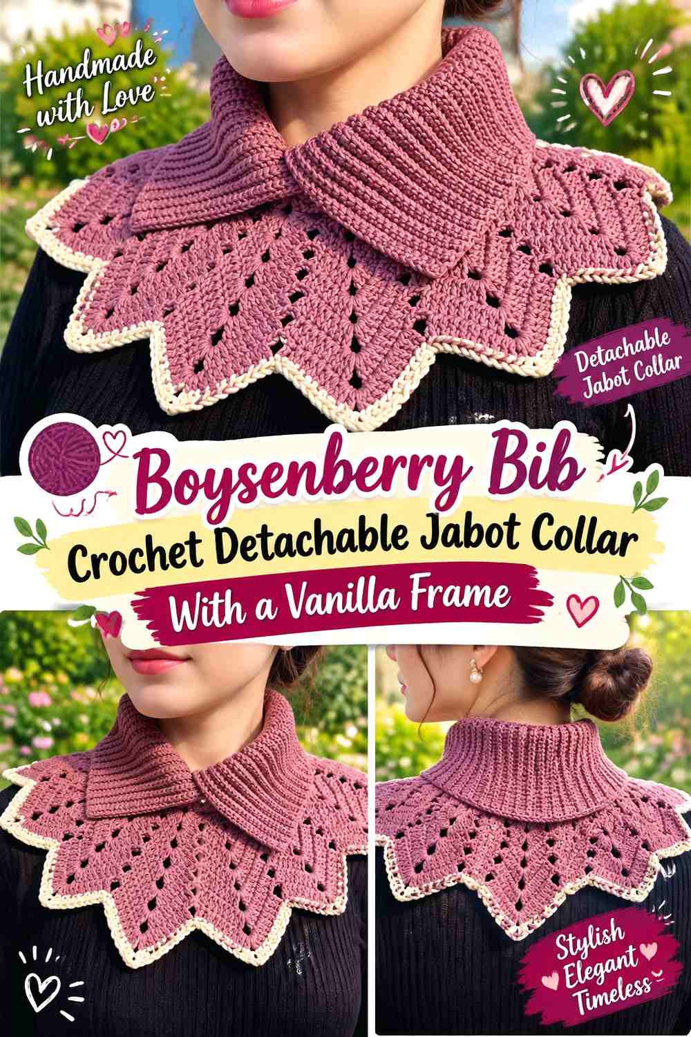 Boysenberry Bib Crochet Detachable Jabot Collar With a Vanilla Frame