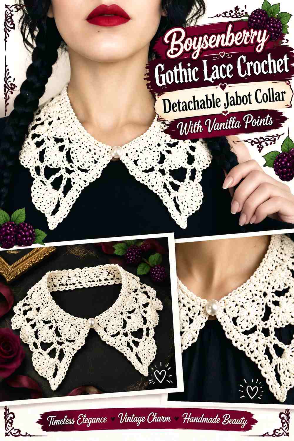Boysenberry Gothic Lace Crochet Detachable Jabot Collar With Vanilla Points