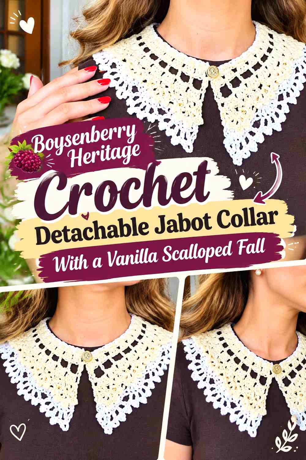 Boysenberry Heritage Crochet Detachable Jabot Collar With a Vanilla Scalloped Fall