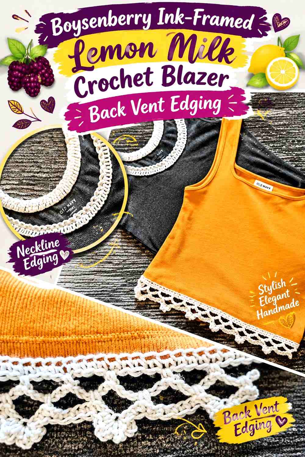 Boysenberry Ink-Framed Lemon Milk Crochet Blazer Back Vent Edging