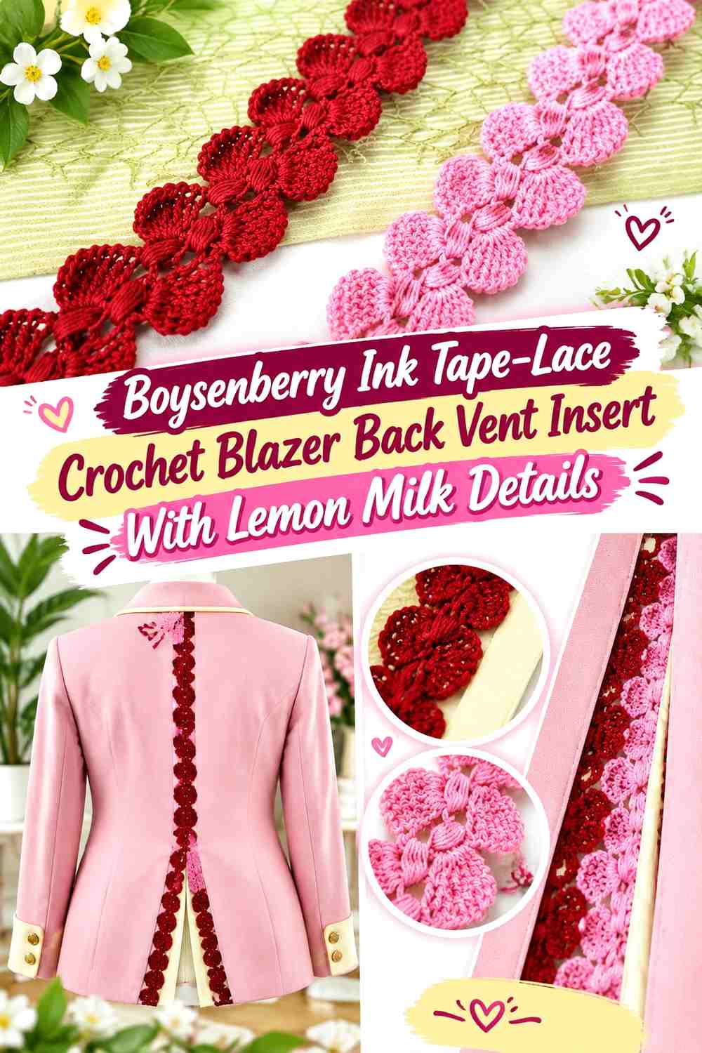 Boysenberry Ink Tape-Lace Crochet Blazer Back Vent Insert With Lemon Milk Details