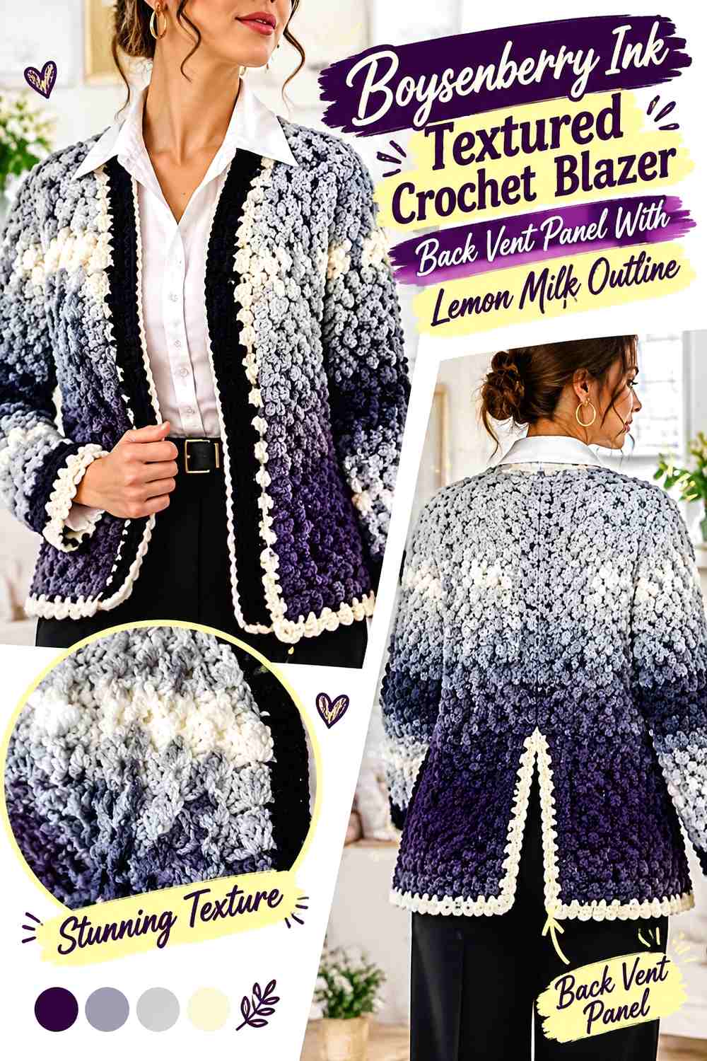Boysenberry Ink Textured Crochet Blazer Back Vent Panel With Lemon Milk Outline