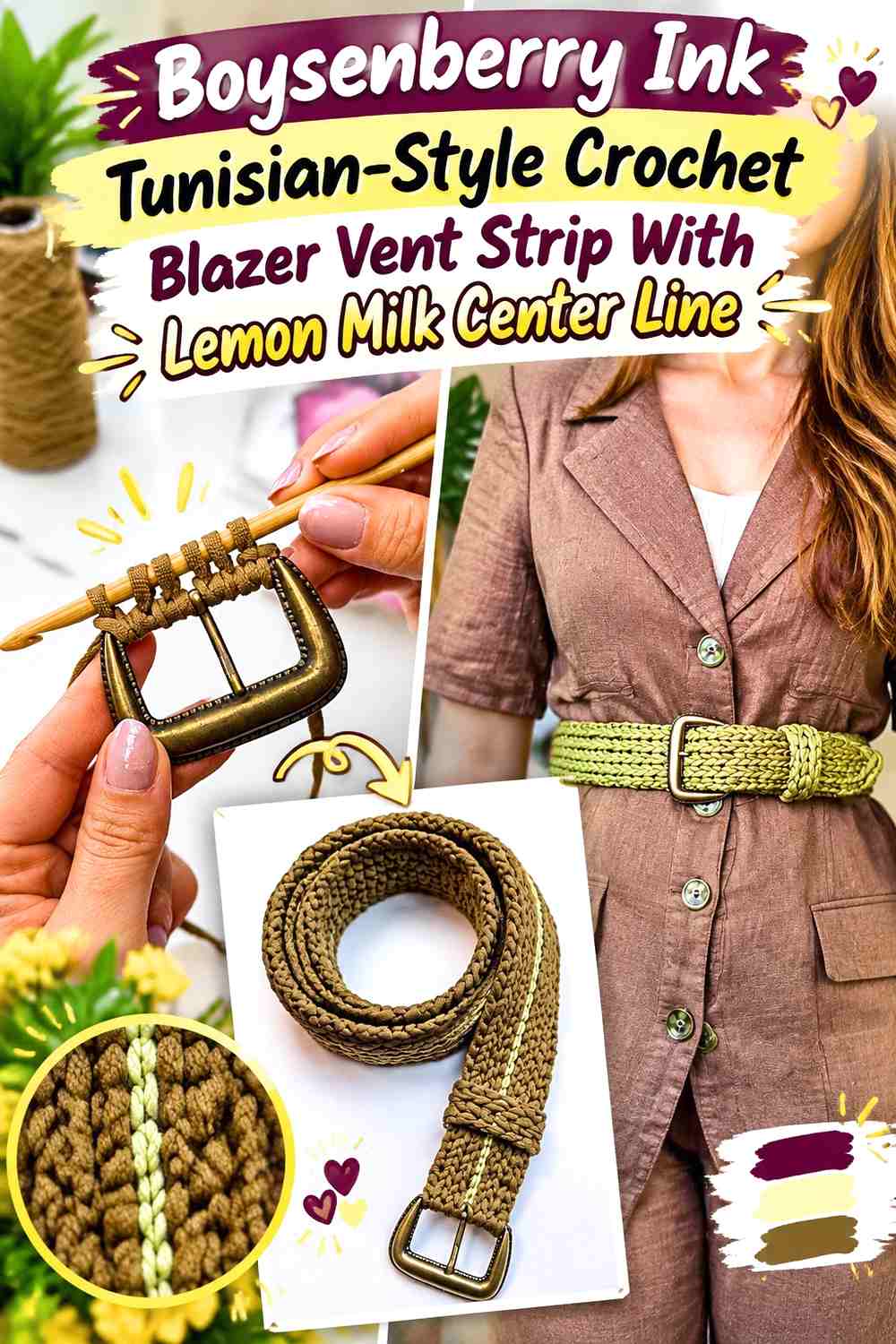 Boysenberry Ink Tunisian-Style Crochet Blazer Vent Strip With Lemon Milk Center Line
