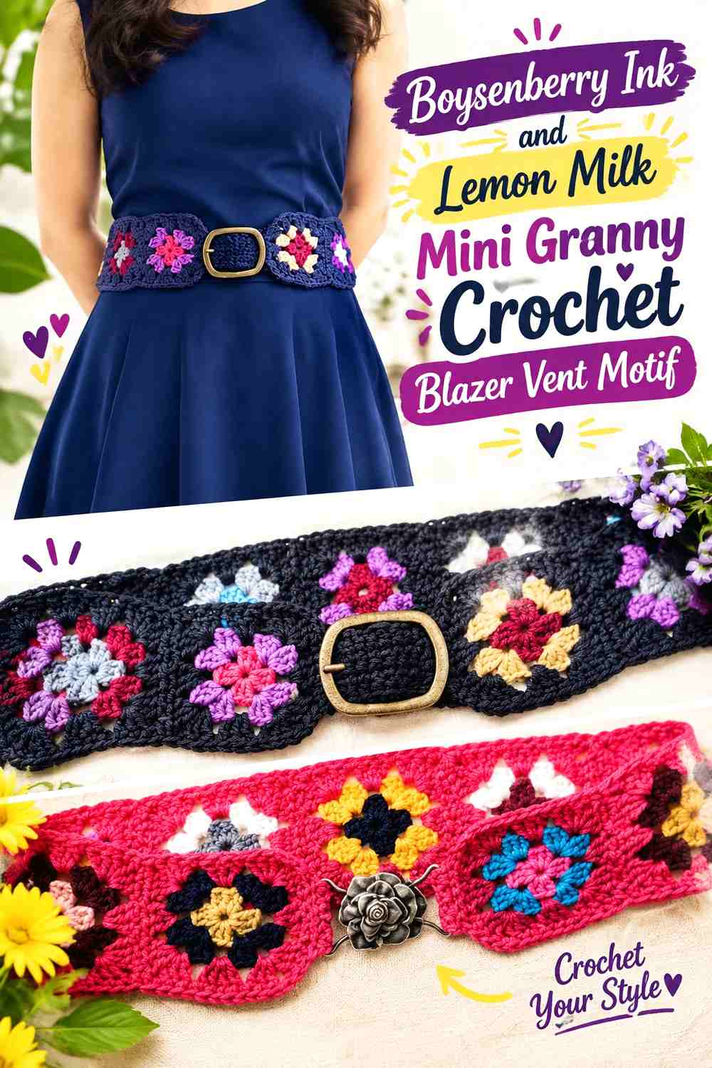 Boysenberry Ink and Lemon Milk Mini Granny Crochet Blazer Vent Motif