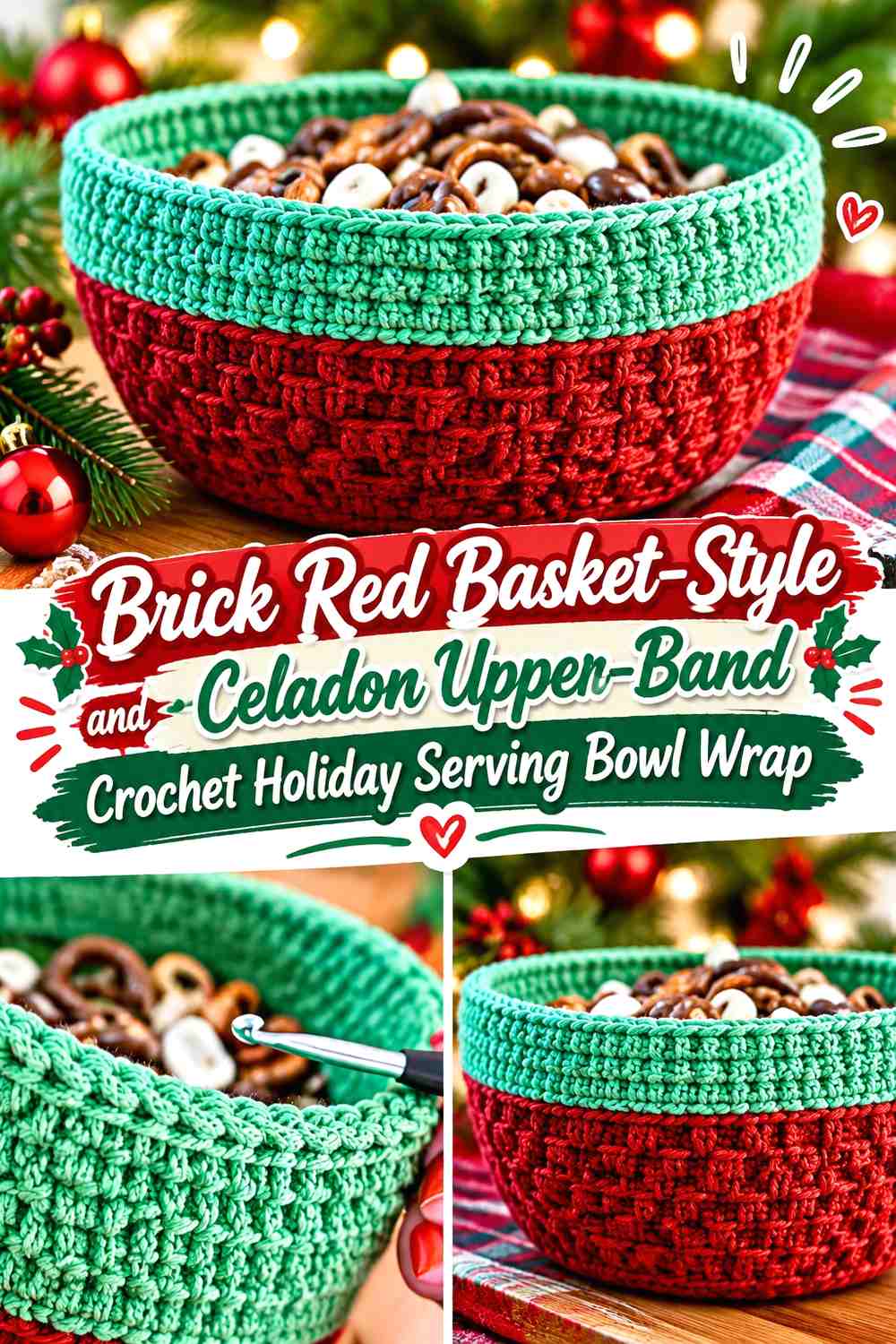 13. Brick Red Basket Style And Celadon Upper Band Crochet Holiday Serving Bowl Wrap