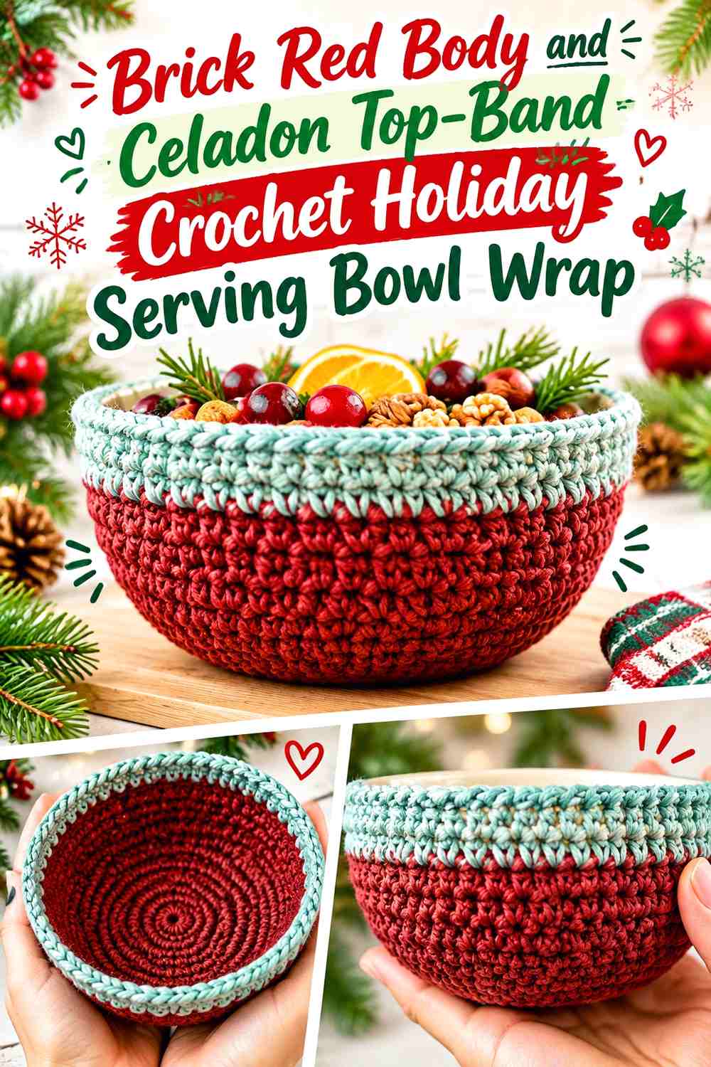2. Brick Red Body And Celadon Top Band Crochet Holiday Serving Bowl Wrap