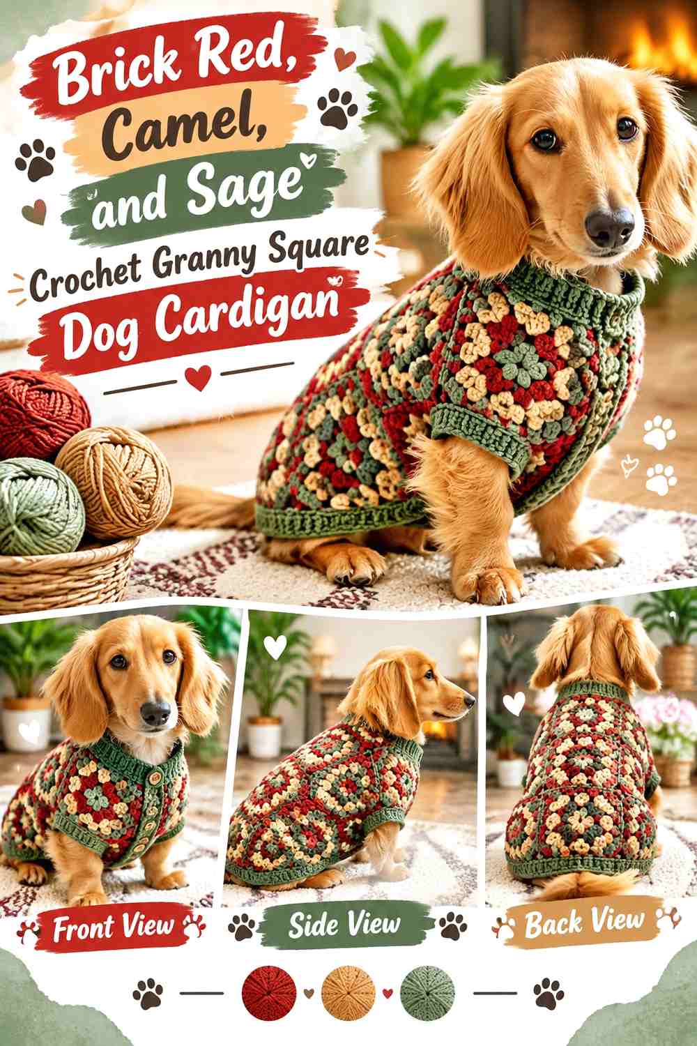 Brick Red, Camel, and Sage Crochet Granny Square Dog Cardigan