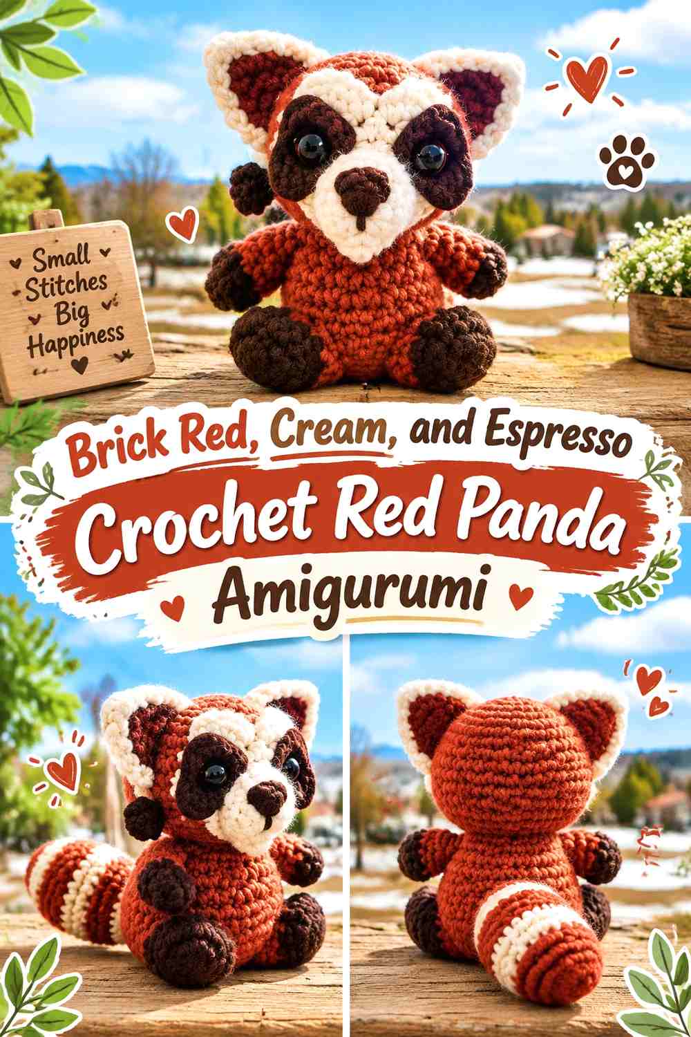 Brick Red, Cream, and Espresso Crochet Red Panda Amigurumi