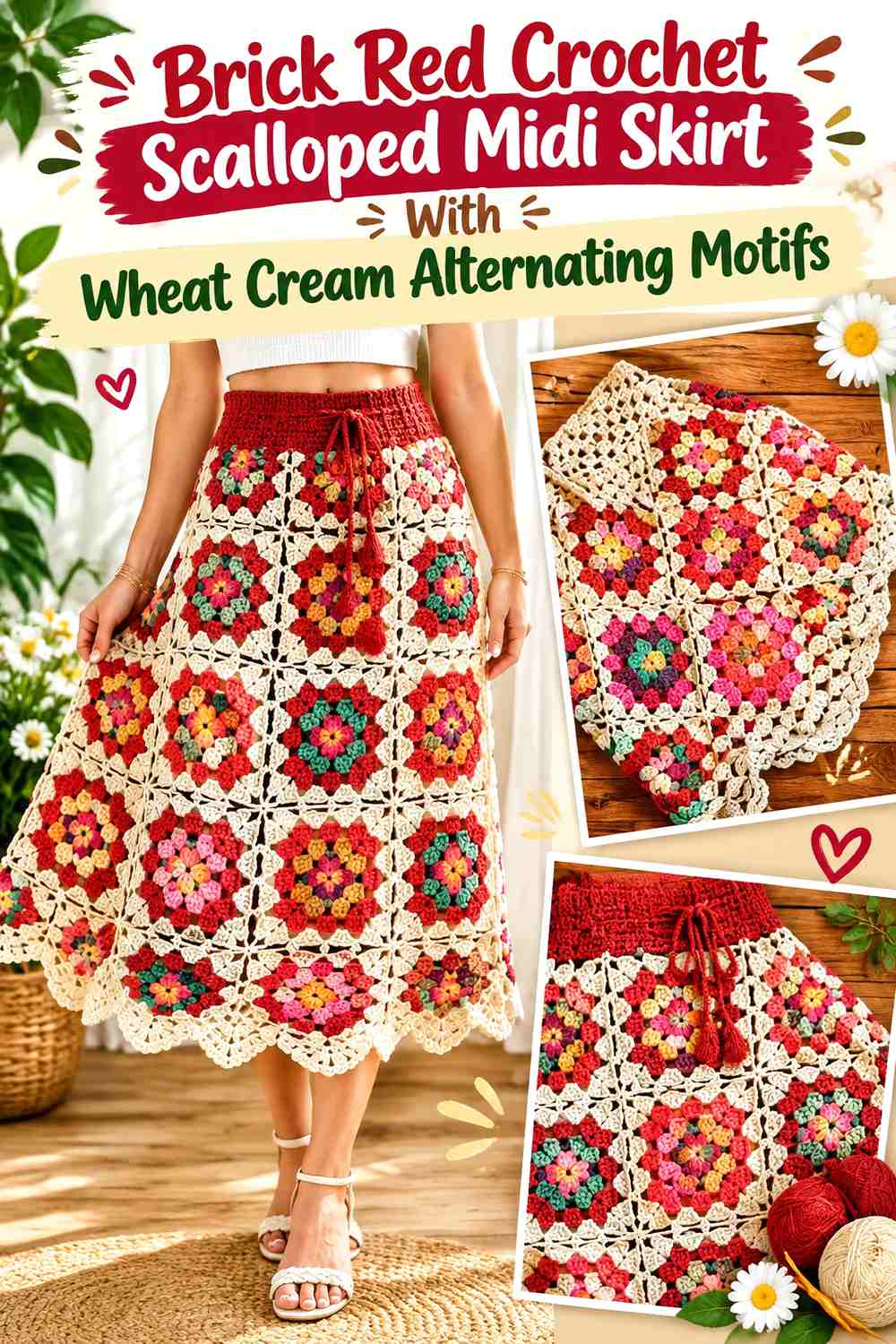 Brick Red Crochet Scalloped Midi Skirt With Wheat Cream Alternating Motifs