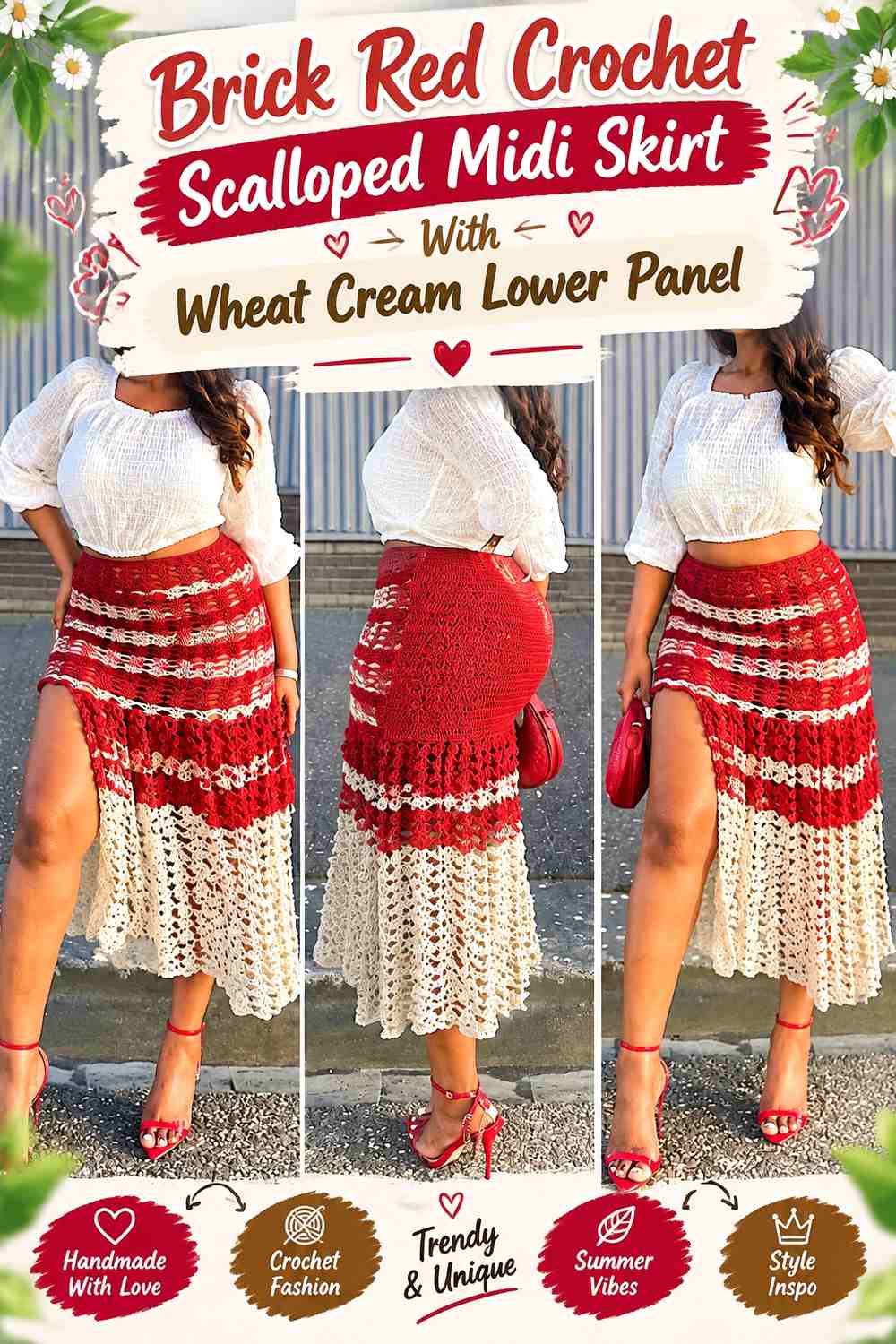 Brick Red Crochet Scalloped Midi Skirt With Wheat Cream Lower Panel